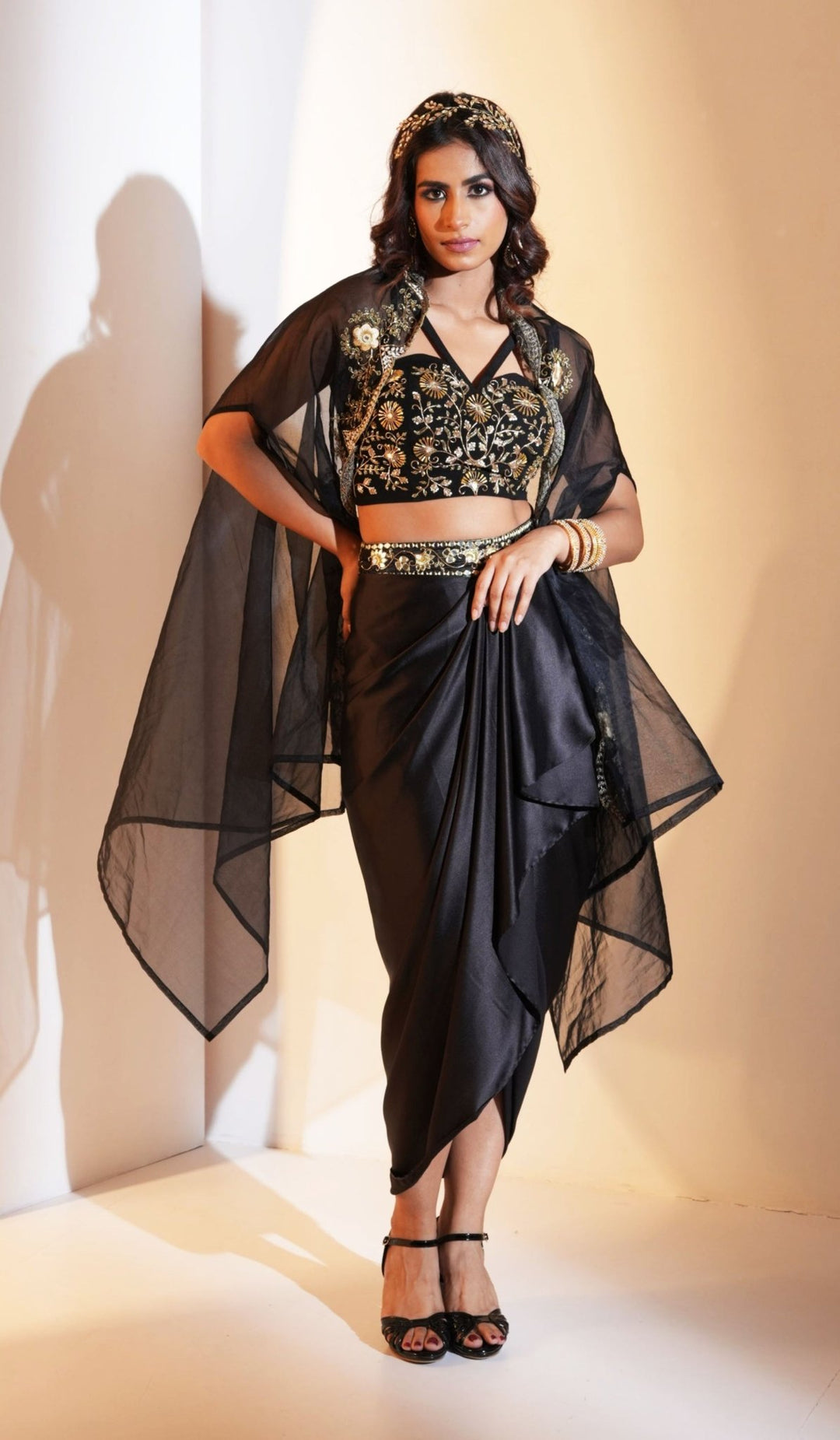 Black Satin Drape Lehenga With Embellished Bustier And Cape Rashika Sharma - Fabilicious Fashion