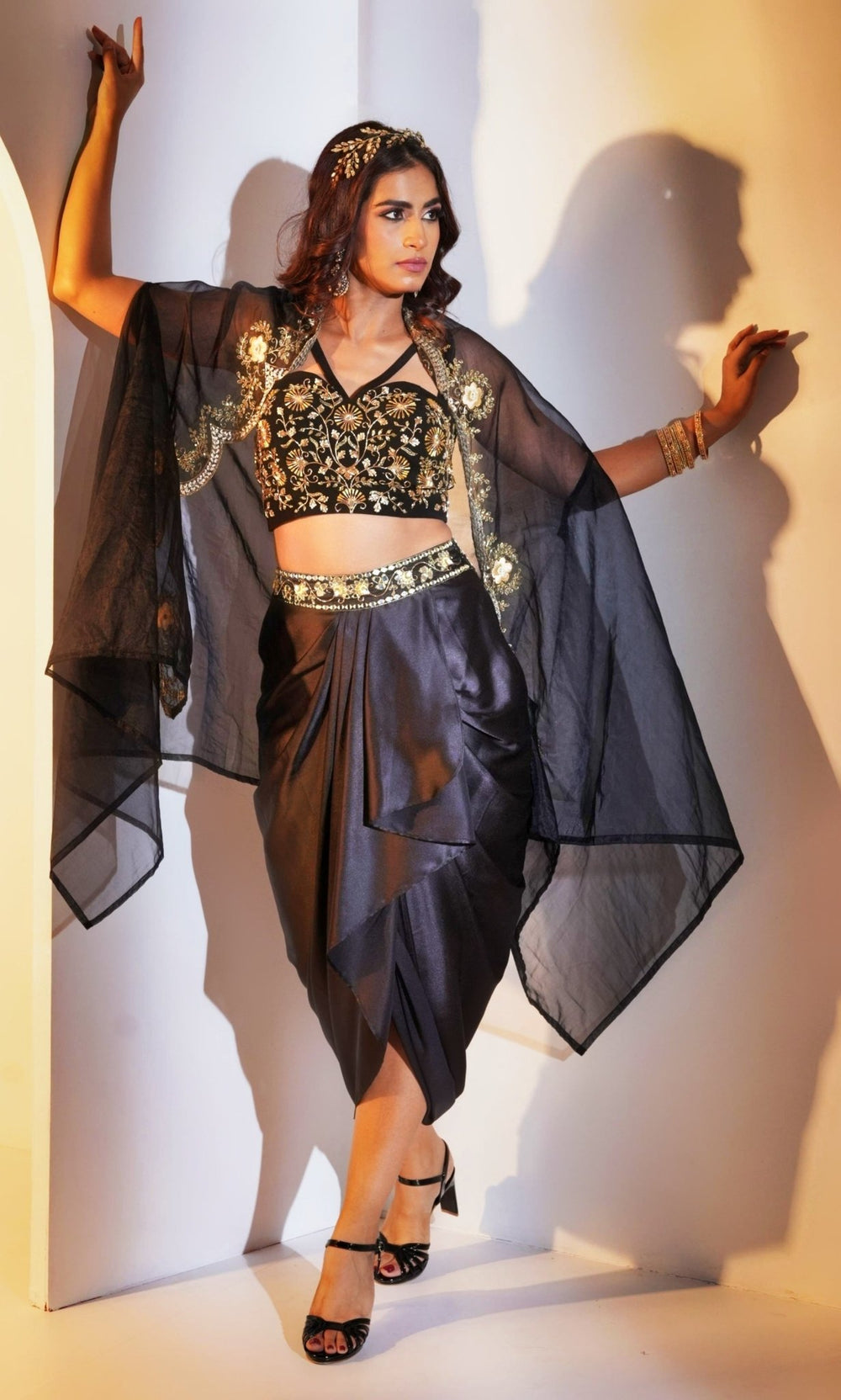 Black Satin Drape Lehenga With Embellished Bustier And Cape Rashika Sharma - Fabilicious Fashion
