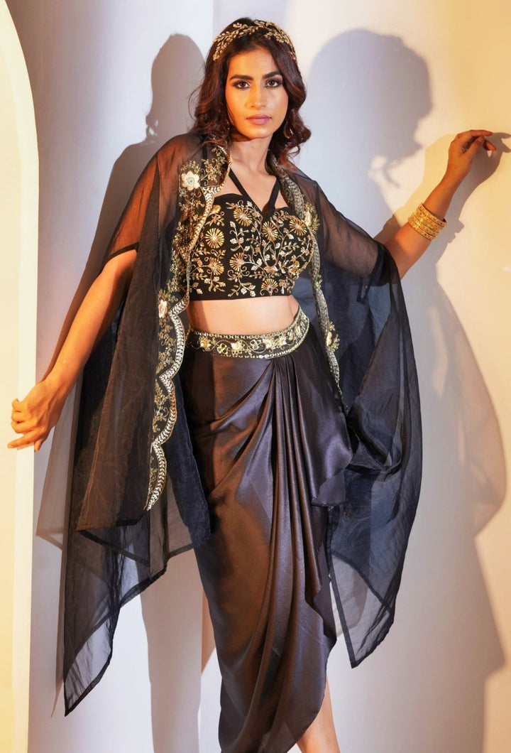 Black Satin Drape Lehenga With Embellished Bustier And Cape Rashika Sharma - Fabilicious Fashion