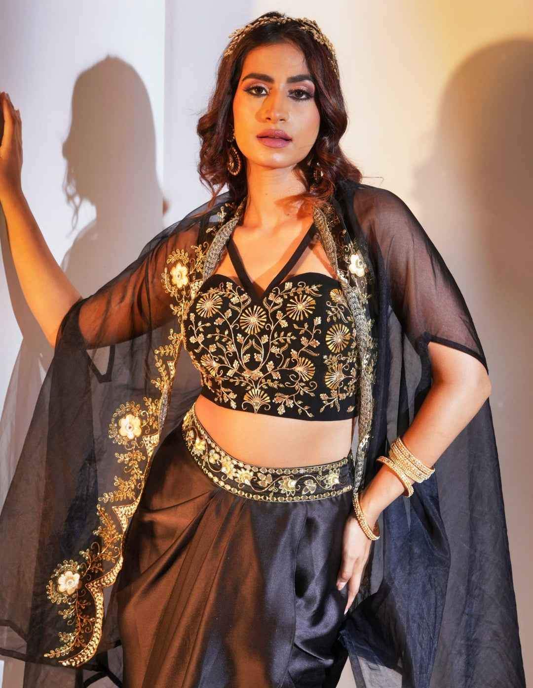 Black Satin Drape Lehenga With Embellished Bustier And Cape Rashika Sharma - Fabilicious Fashion