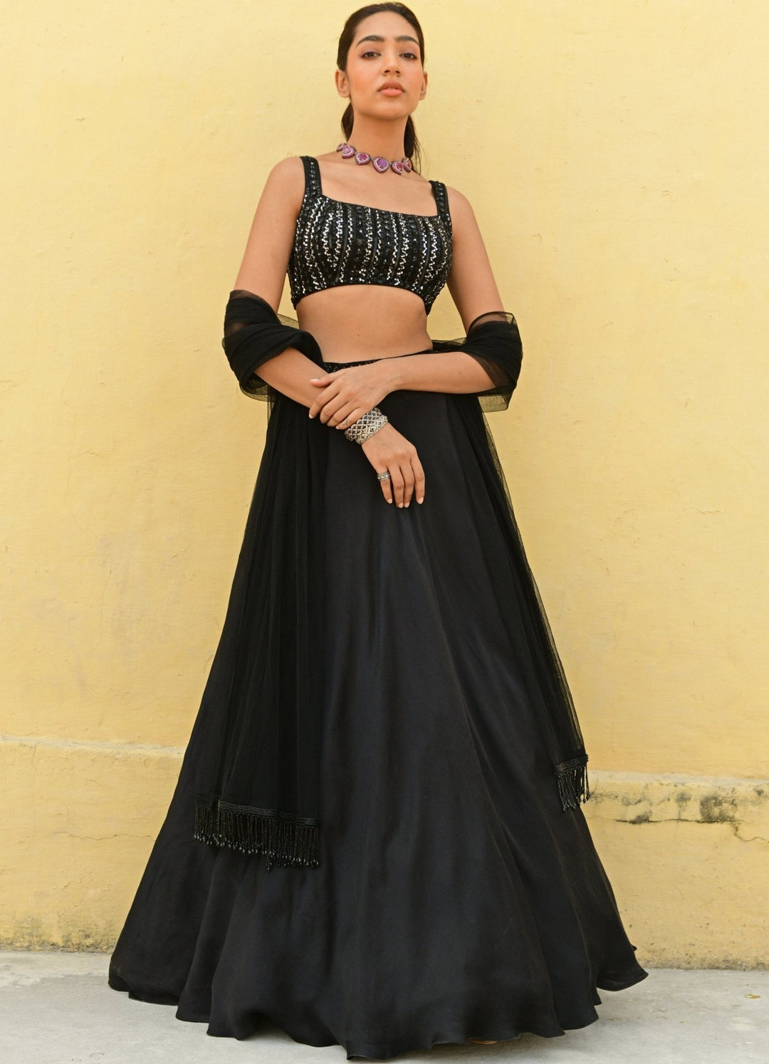 Black Satin Lehenga with Embroidered Strappy Blouse Lehenga Set Chamee n Palak - Fabilicious Fashion