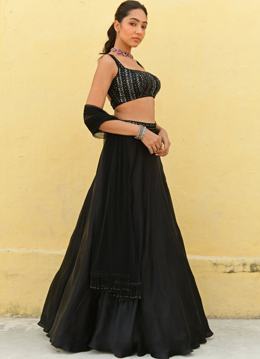 Black Satin Lehenga with Embroidered Strappy Blouse Lehenga Set Chamee n Palak - Fabilicious Fashion