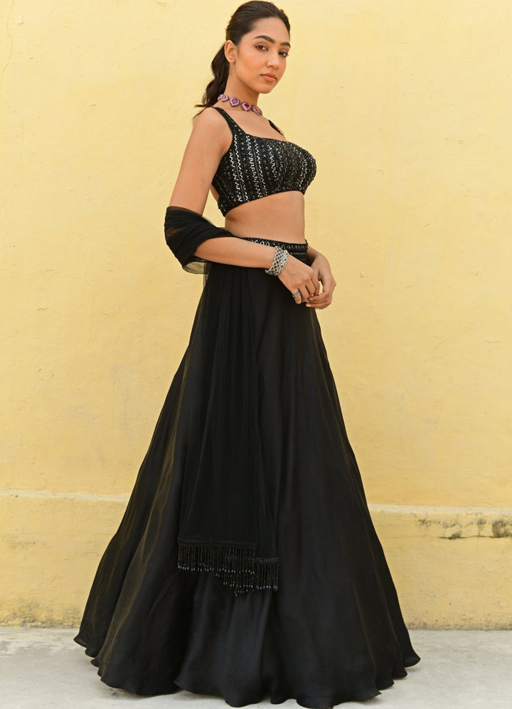 Black Satin Lehenga with Embroidered Strappy Blouse Lehenga Set Chamee n Palak - Fabilicious Fashion