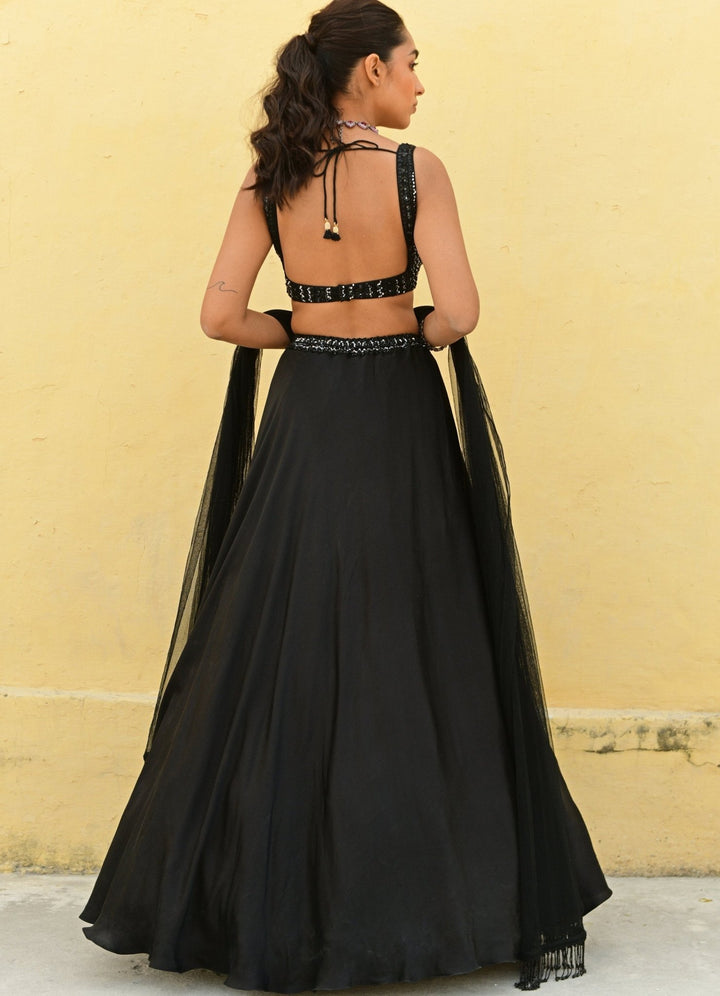 Black Satin Lehenga with Embroidered Strappy Blouse Lehenga Set Chamee n Palak - Fabilicious Fashion