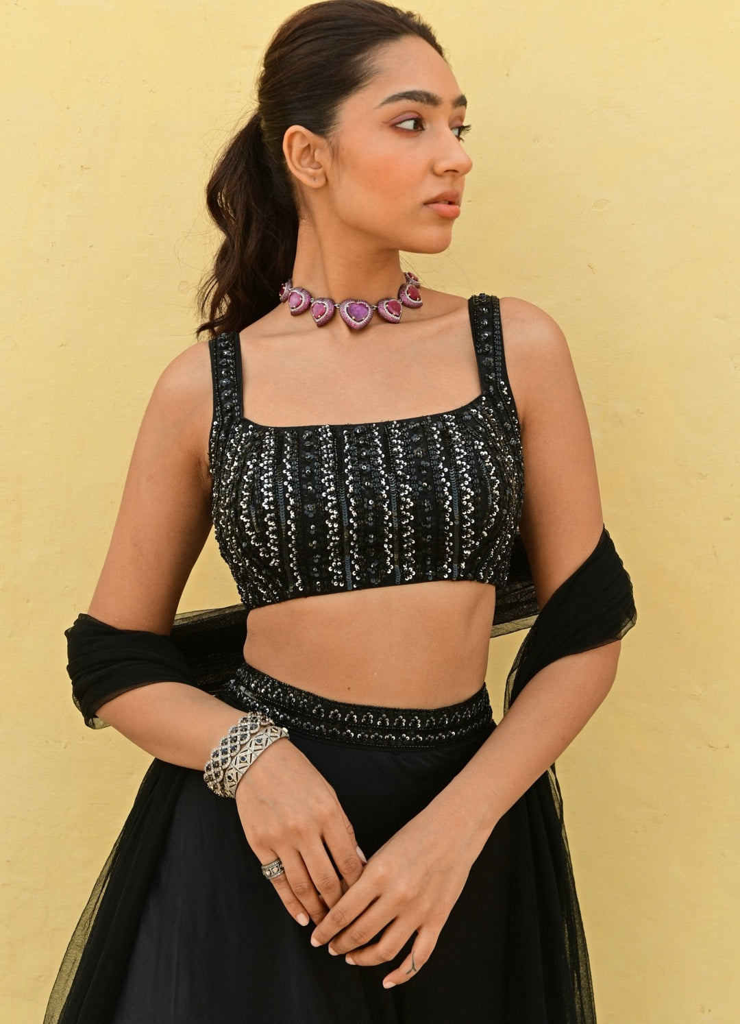 Black Satin Lehenga with Embroidered Strappy Blouse Lehenga Set Chamee n Palak - Fabilicious Fashion