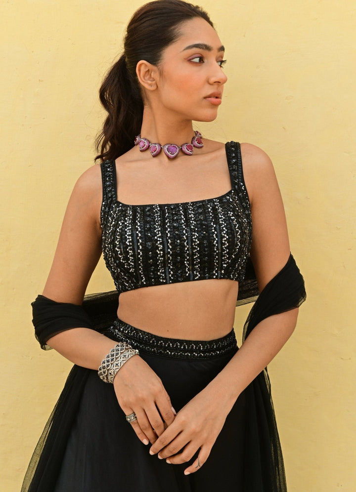 Black Satin Lehenga with Embroidered Strappy Blouse Lehenga Set Chamee n Palak - Fabilicious Fashion