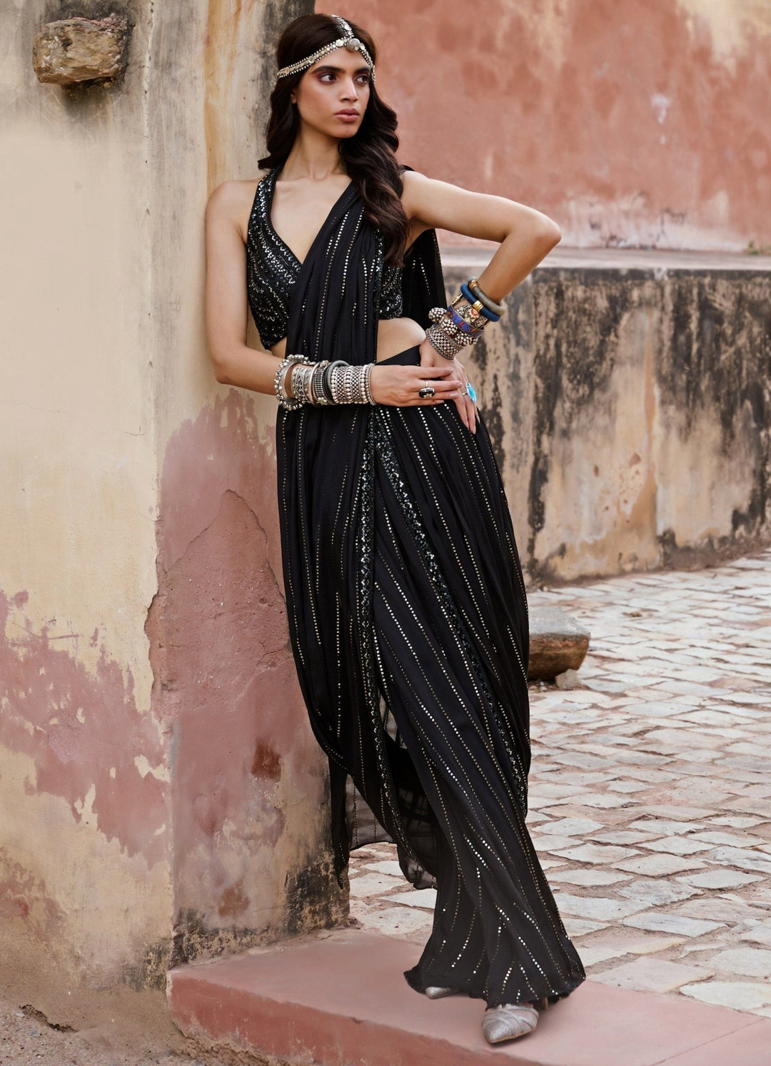 Black Sequined Pre Draped Saree Set Chamee n Palak - Fabilicious Fashion