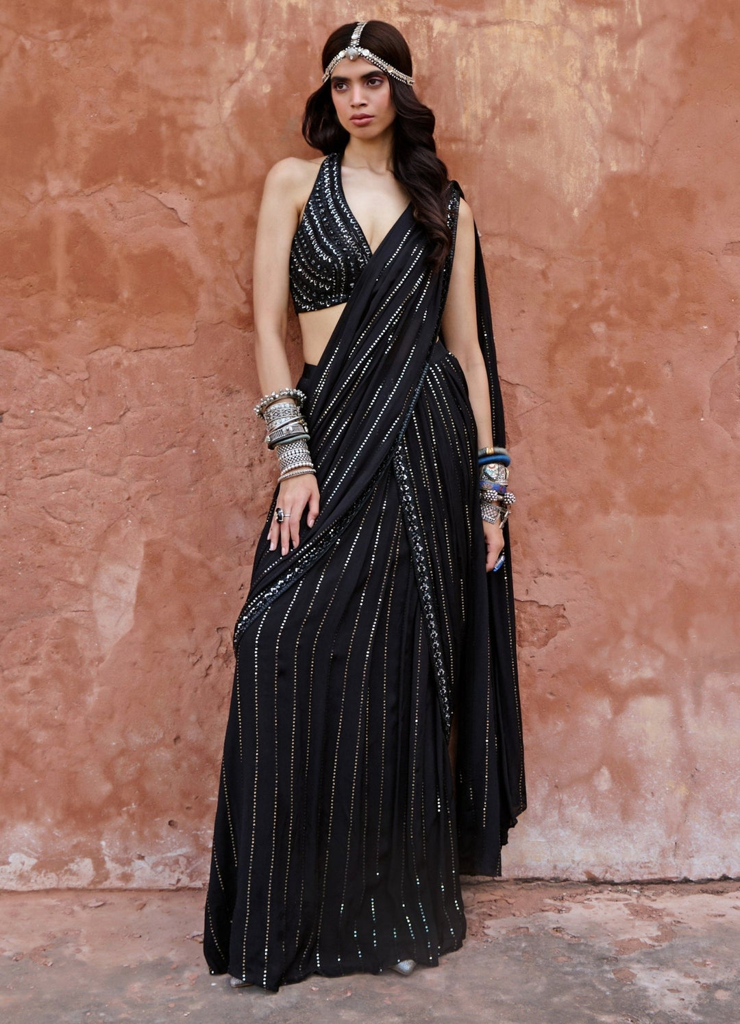 Black Sequined Pre Draped Saree Set Chamee n Palak - Fabilicious Fashion