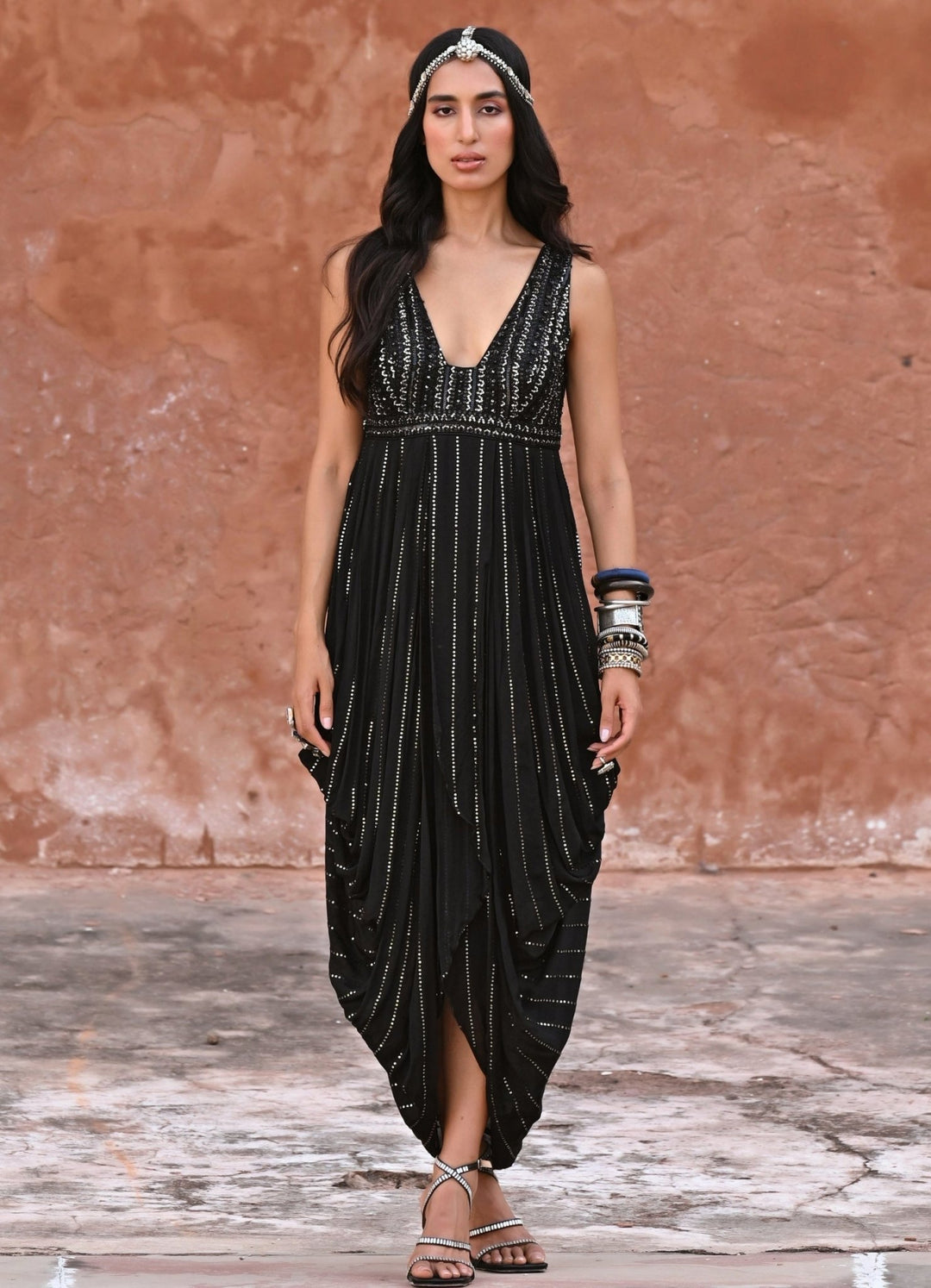 Black Sequinned Cowl Dress Chamee n Palak - Fabilicious Fashion