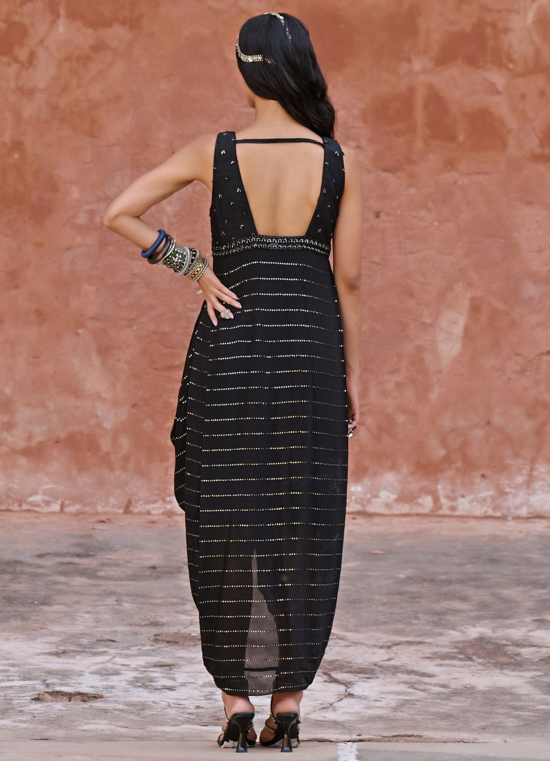 Black Sequinned Cowl Dress Chamee n Palak - Fabilicious Fashion