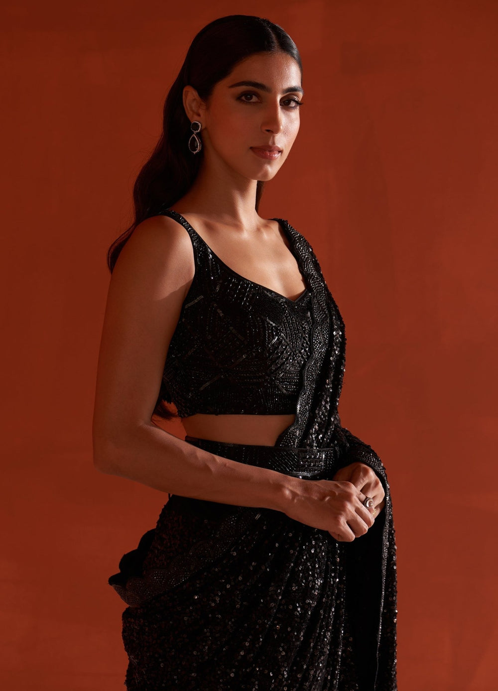 Black Sequins Georgette Saree Set With Belt Angad Singh - Fabilicious Fashion