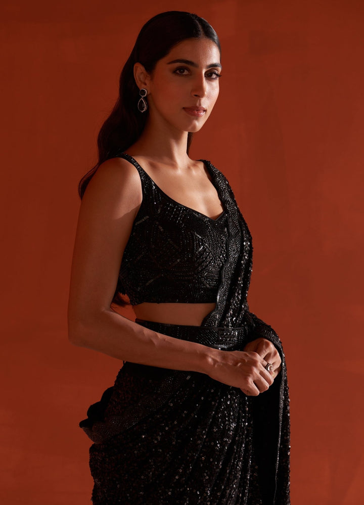 Black Sequins Georgette Saree Set With Belt Angad Singh - Fabilicious Fashion