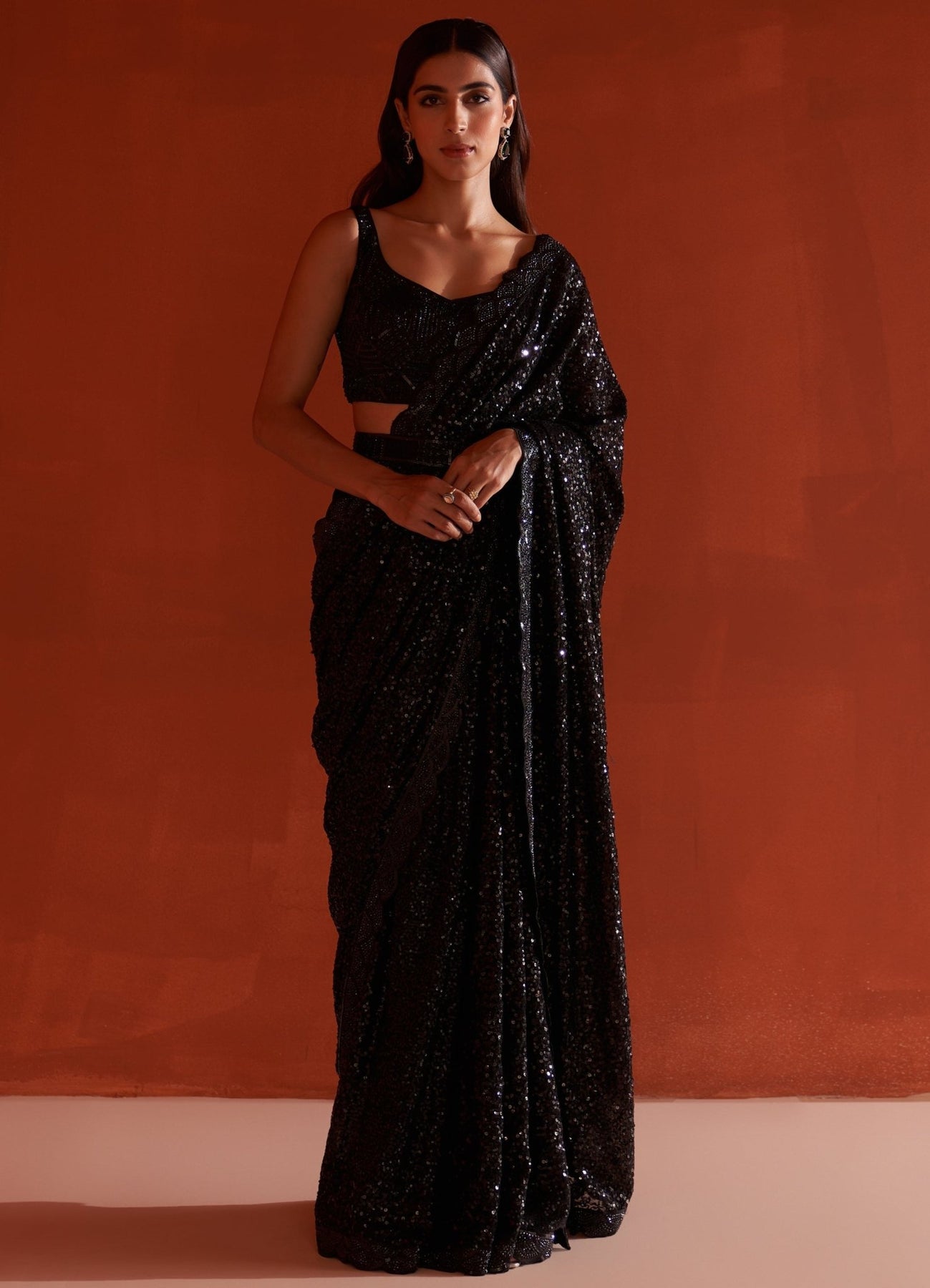 Black Sequins Georgette Saree Set With Belt - Angad Singh