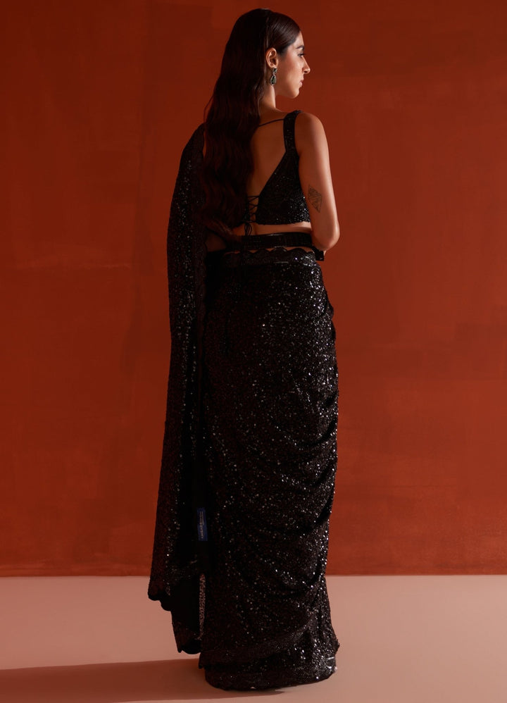 Black Sequins Georgette Saree Set With Belt Angad Singh - Fabilicious Fashion