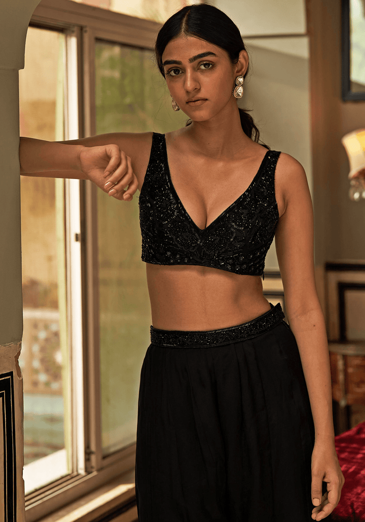 Black Silk Organza Jacket Sharara Set Zoon Tribe - Fabilicious Fashion