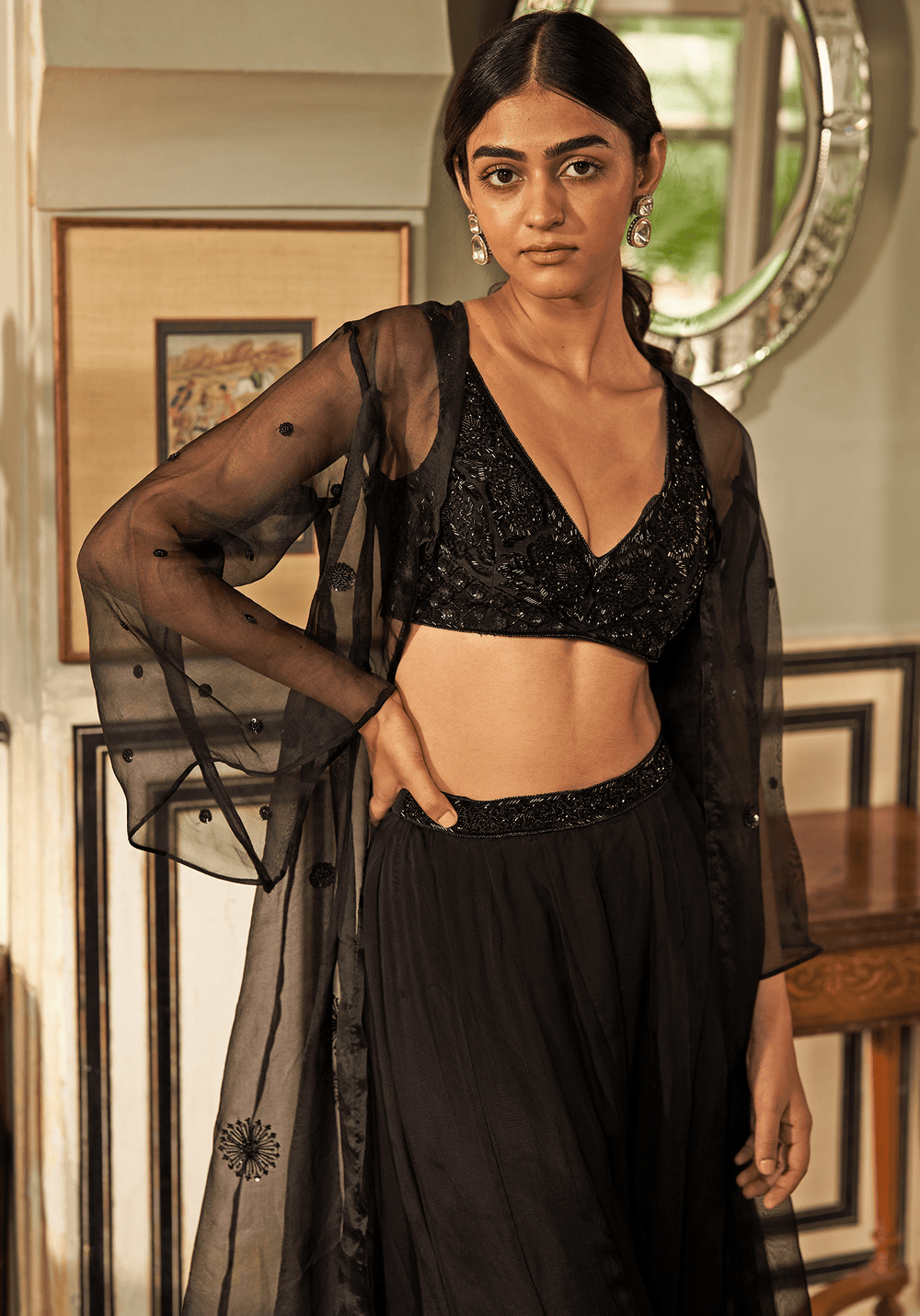 Black Silk Organza Jacket Sharara Set Zoon Tribe - Fabilicious Fashion