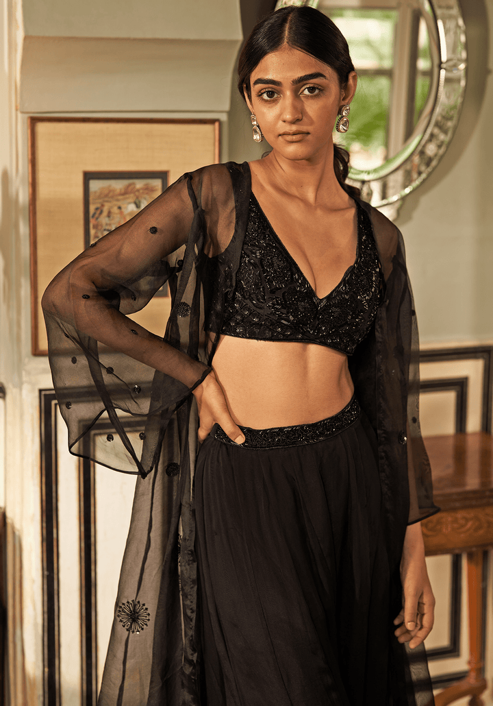 Black Silk Organza Jacket Sharara Set Zoon Tribe - Fabilicious Fashion