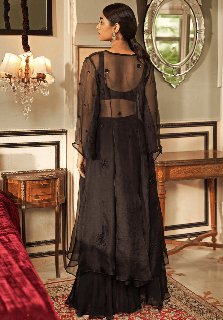Black Silk Organza Jacket Sharara Set Zoon Tribe - Fabilicious Fashion
