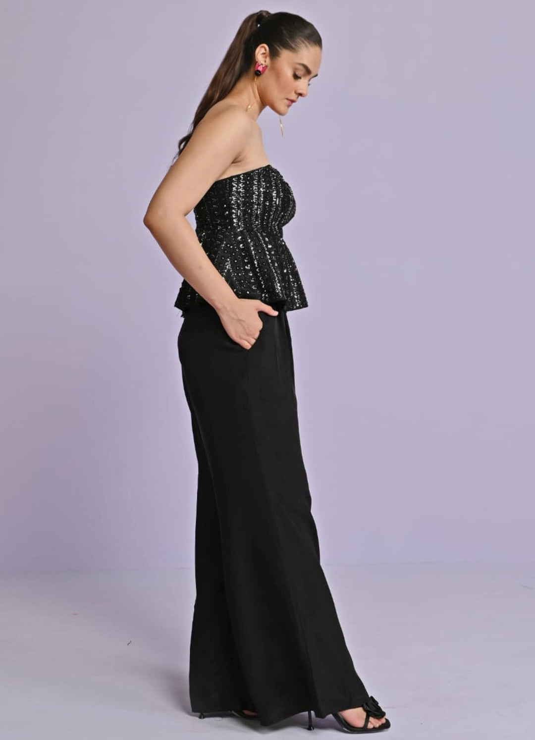 Black Silk Peplum Top and Pants Set Chamee n Palak - Fabilicious Fashion