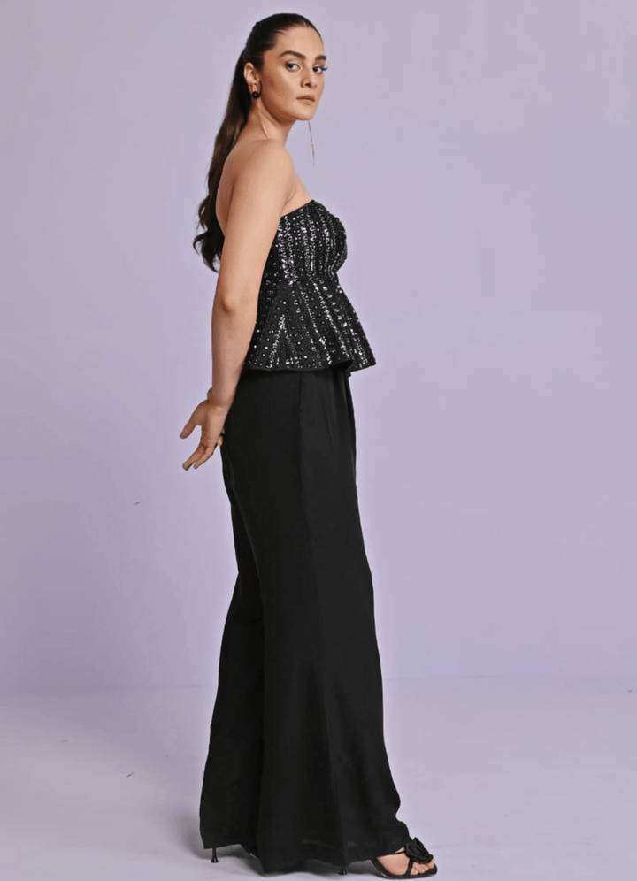 Black Silk Peplum Top and Pants Set Chamee n Palak - Fabilicious Fashion
