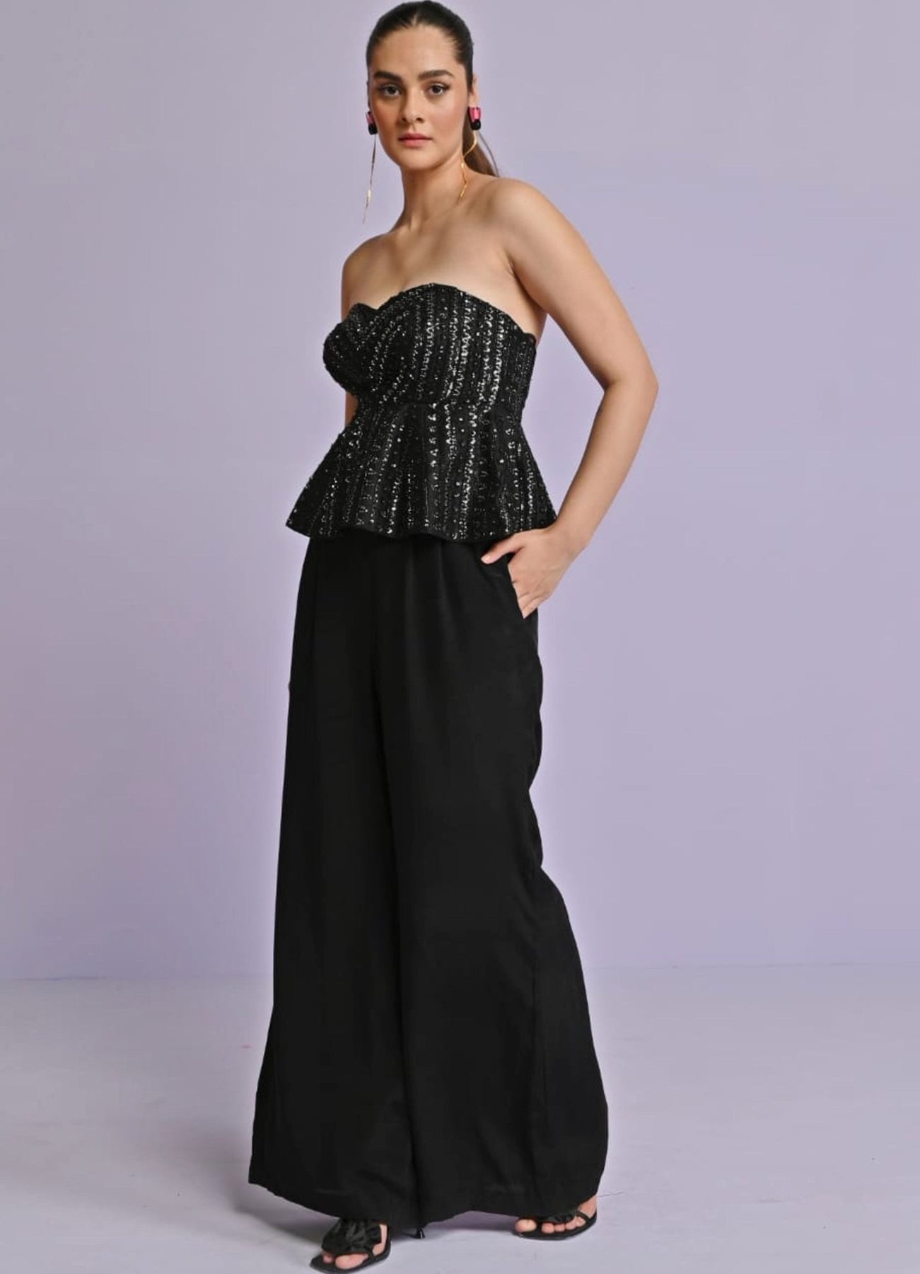 Black Silk Peplum Top And Pants Set