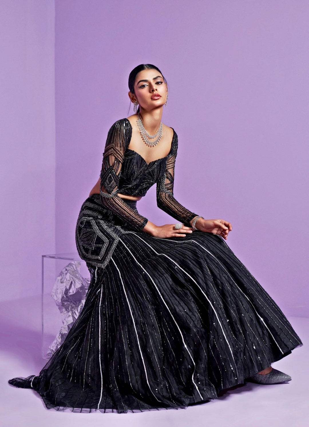 Black Starry Mermaid Cut Sequinned And Crystal Lehenga Set Parul Gandhi - Fabilicious Fashion
