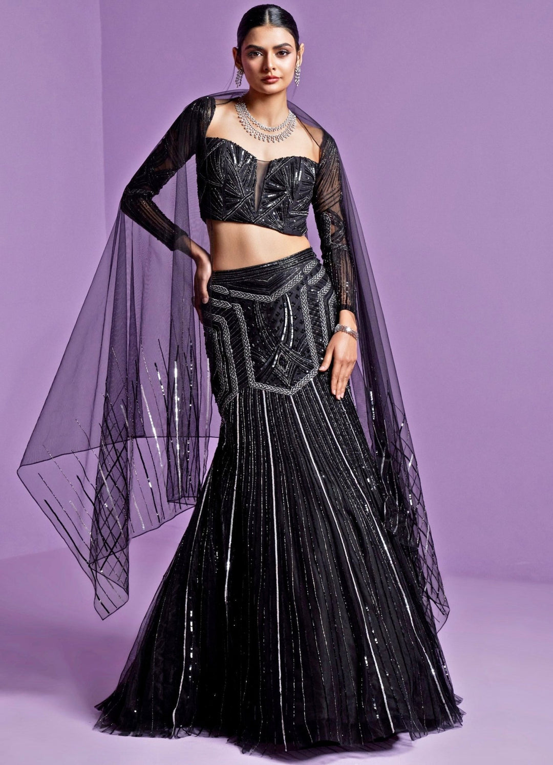 Black Starry Mermaid Cut Sequinned And Crystal Lehenga Set Parul Gandhi - Fabilicious Fashion