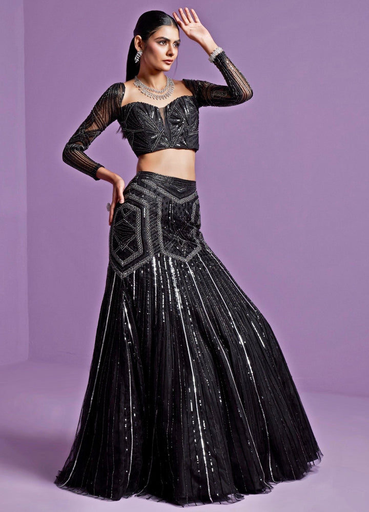 Black Starry Mermaid Cut Sequinned And Crystal Lehenga Set Parul Gandhi - Fabilicious Fashion