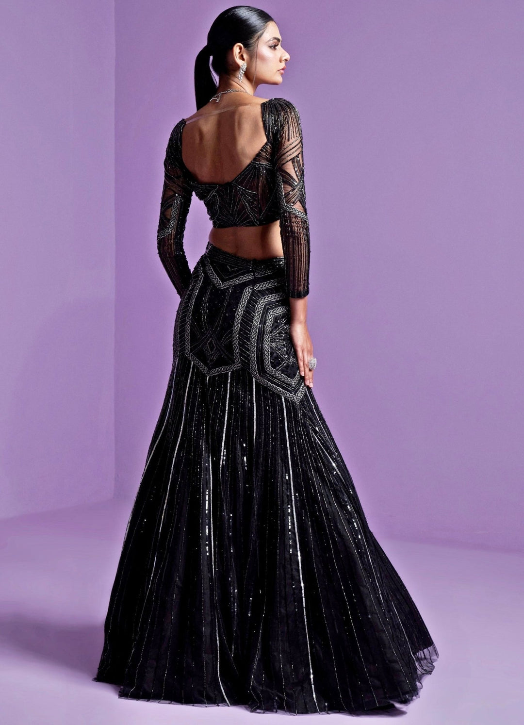 Black Starry Mermaid Cut Sequinned And Crystal Lehenga Set Parul Gandhi - Fabilicious Fashion