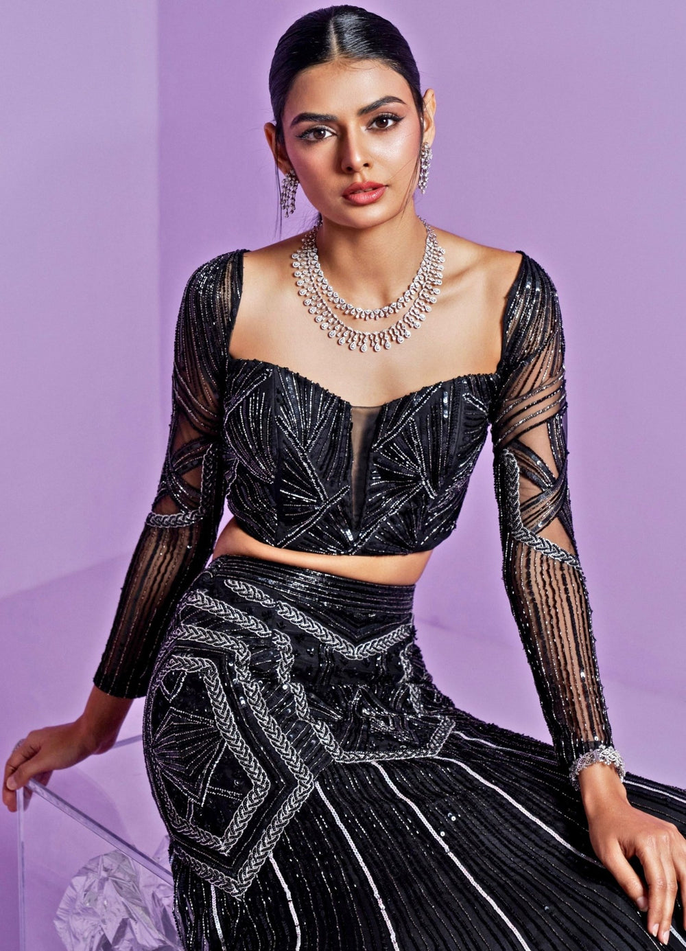 Black Starry Mermaid Cut Sequinned And Crystal Lehenga Set Parul Gandhi - Fabilicious Fashion