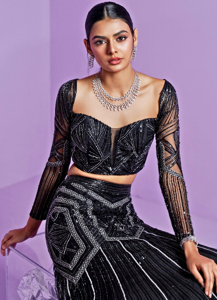 Black Starry Mermaid Cut Sequinned And Crystal Lehenga Set Parul Gandhi - Fabilicious Fashion