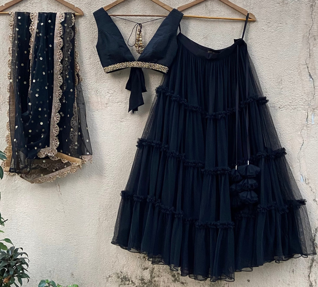 Black tiered lehenga set with raw silk blouse and dupatta Priti Sahni - Fabilicious Fashion