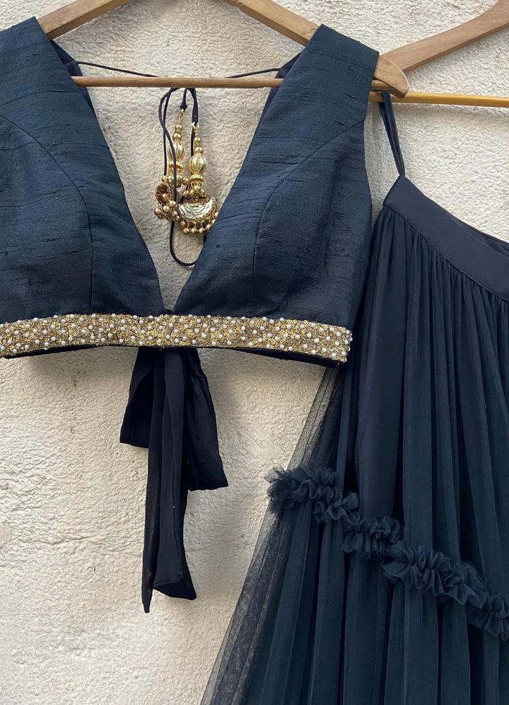 Black tiered lehenga set with raw silk blouse and dupatta Priti Sahni - Fabilicious Fashion
