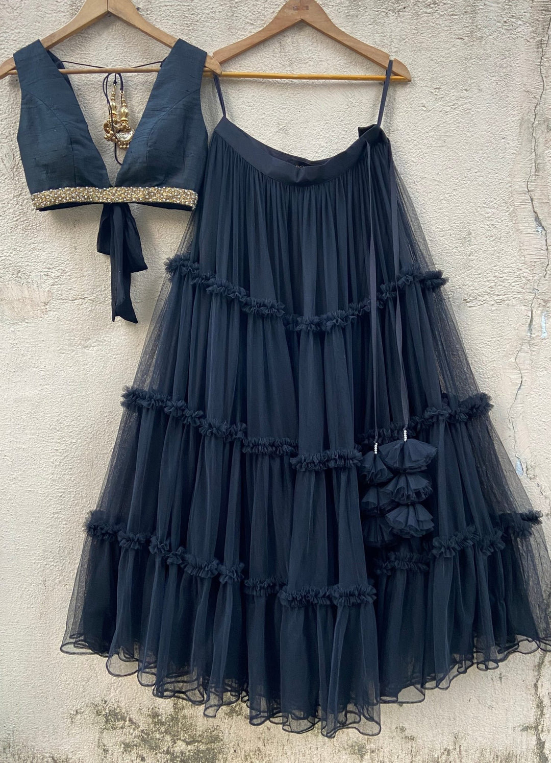 Black tiered lehenga set with raw silk blouse and dupatta Priti Sahni - Fabilicious Fashion
