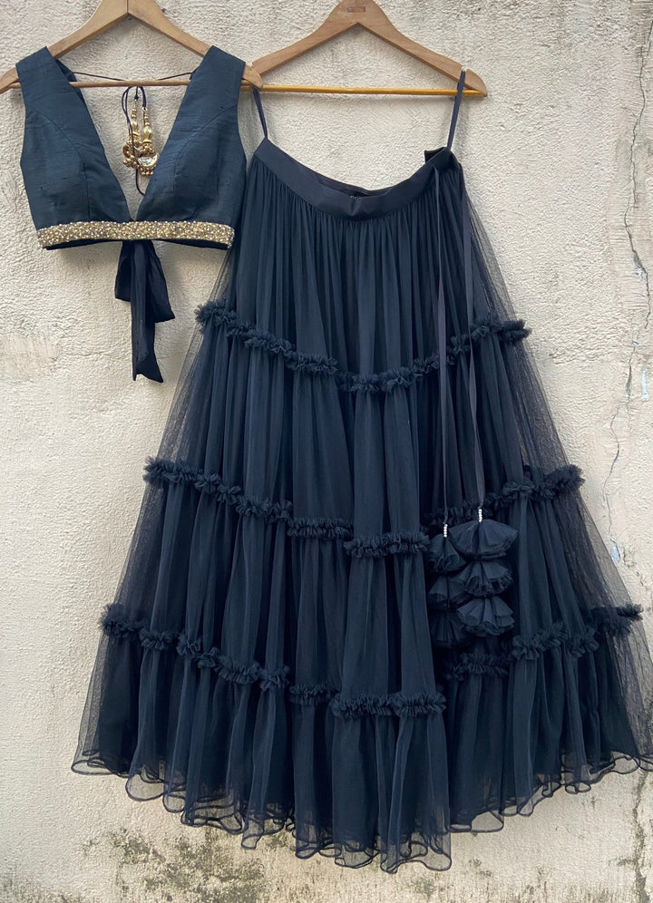 Black tiered lehenga set with raw silk blouse and dupatta Priti Sahni - Fabilicious Fashion