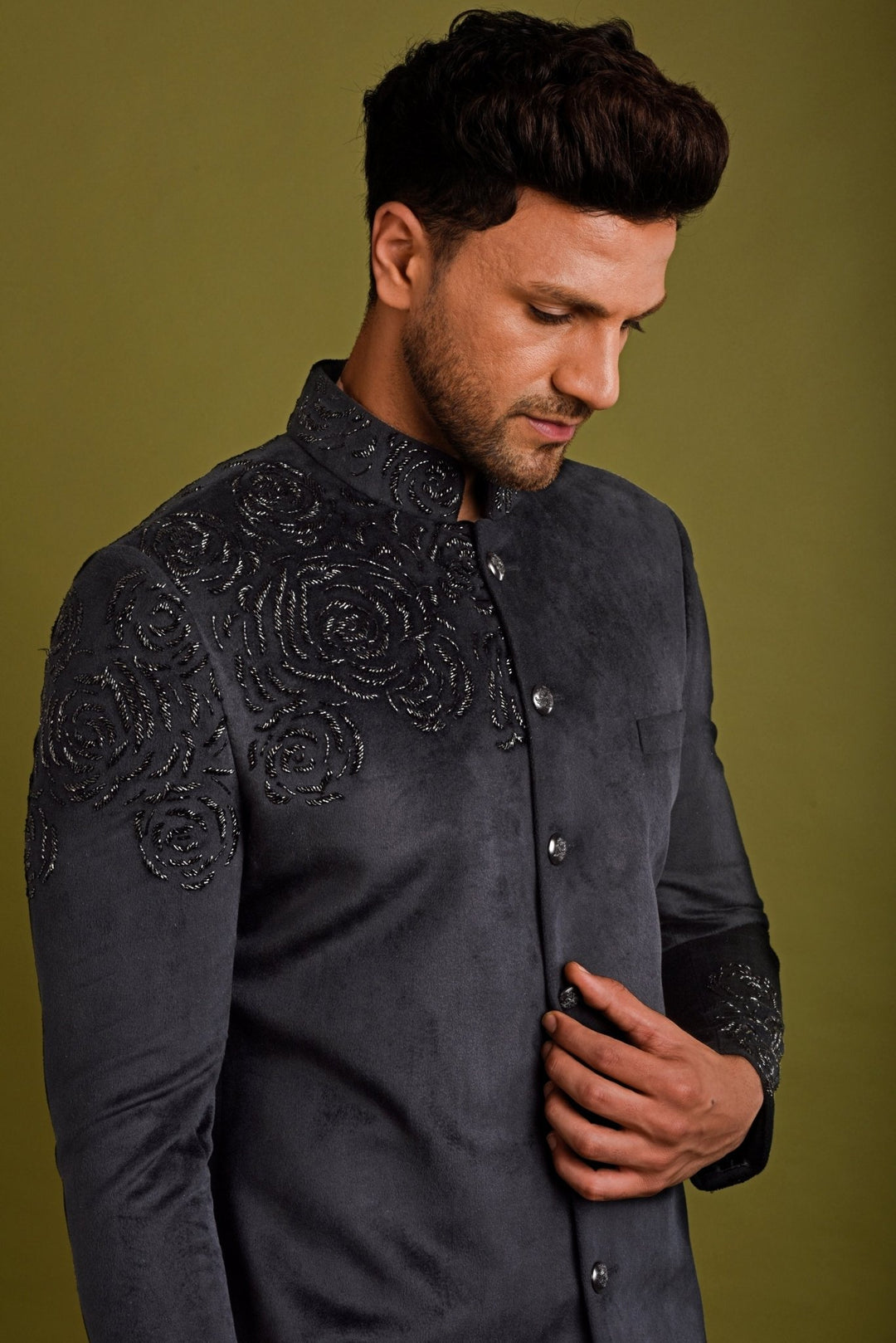 Black Velvet With Shoulder Embroidery Sherwani Set Chatenya Mittal - Fabilicious Fashion
