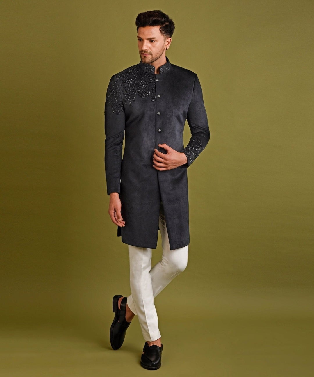 Black Velvet With Shoulder Embroidery Sherwani Set Chatenya Mittal - Fabilicious Fashion