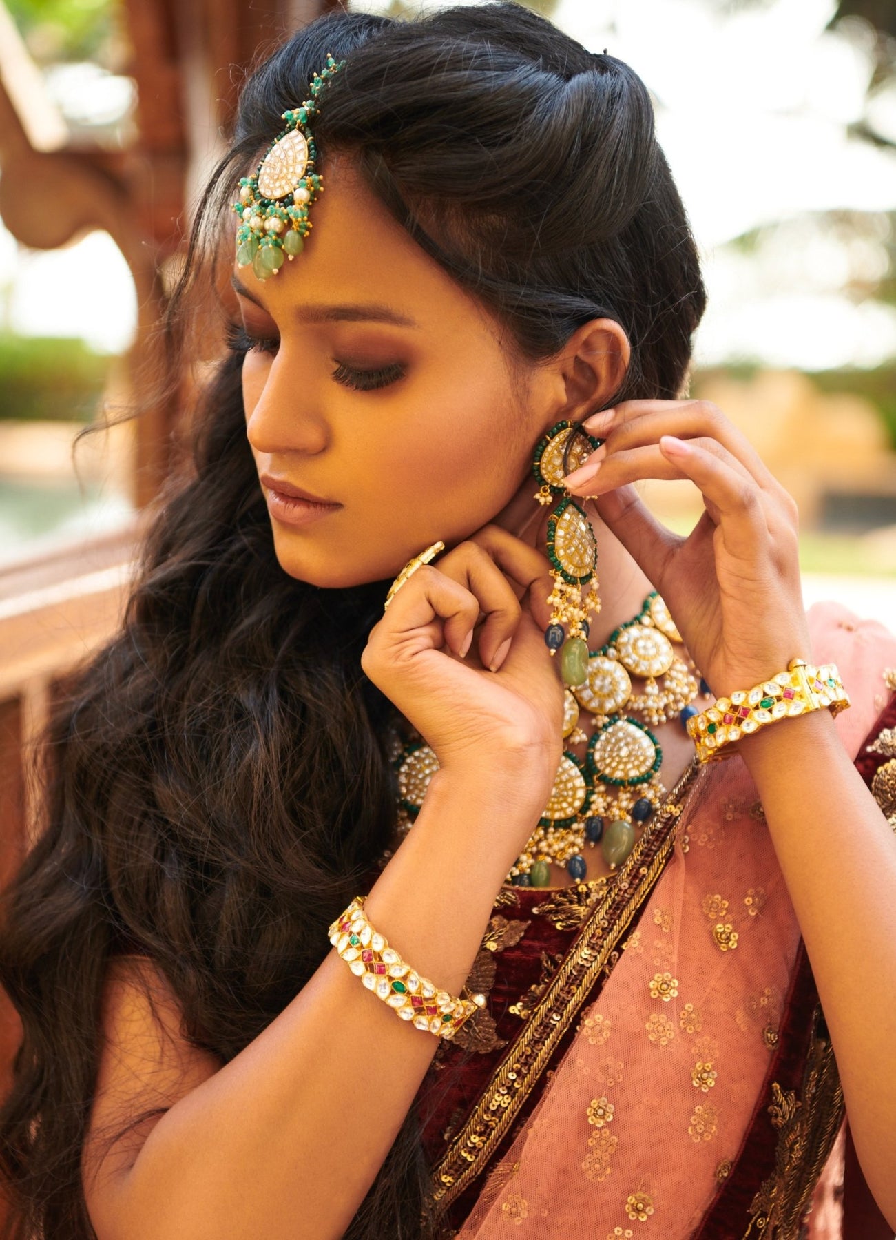 Green kundan long necklace sales