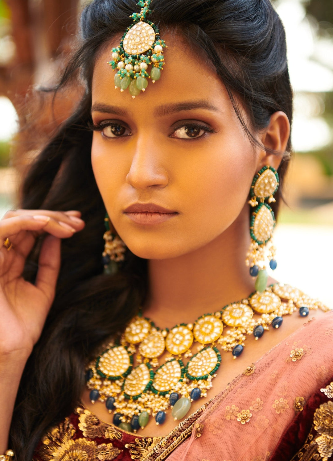 Blue and Green Kundan Long Necklace Set Riana by Shikha Jindal - Fabilicious Fashion