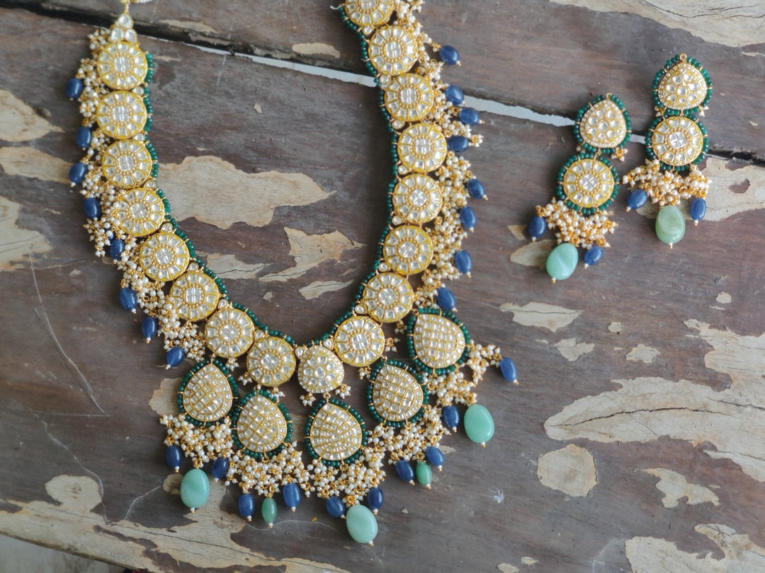 Blue and Green Kundan Long Necklace Set Riana by Shikha Jindal - Fabilicious Fashion