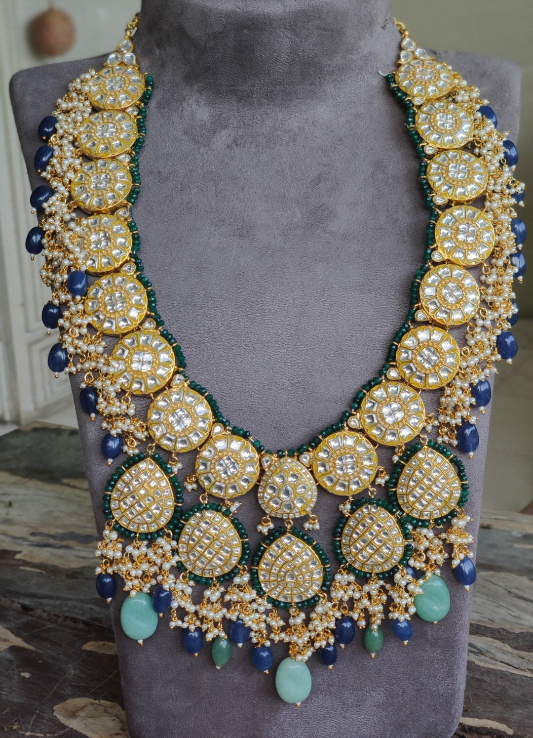 Blue and Green Kundan Long Necklace Set Riana by Shikha Jindal - Fabilicious Fashion