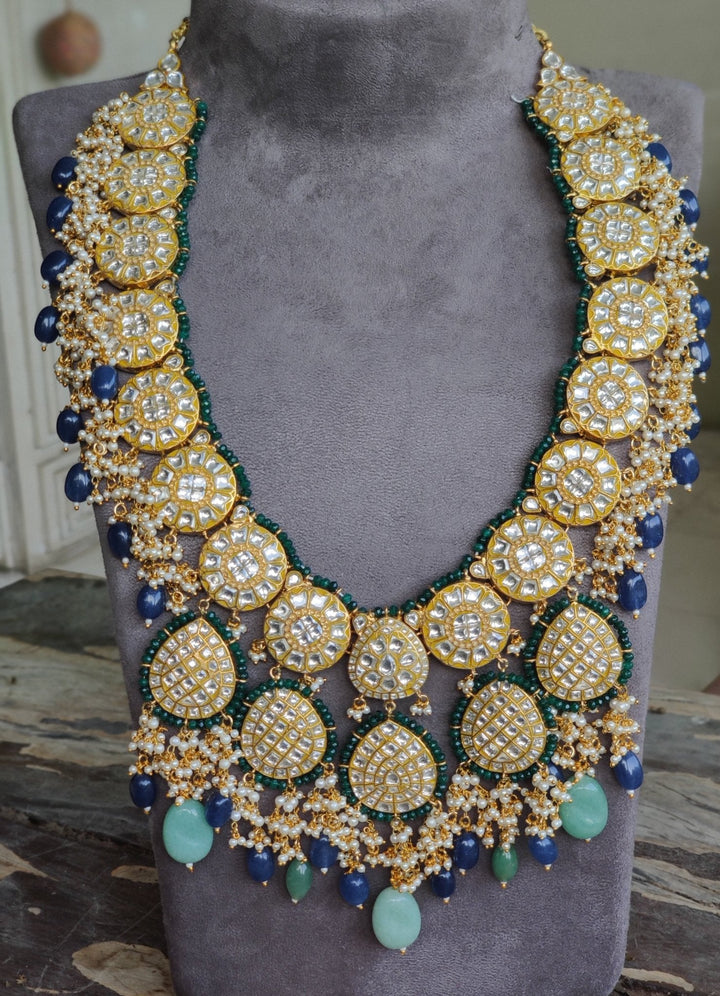 Blue and Green Kundan Long Necklace Set Riana by Shikha Jindal - Fabilicious Fashion