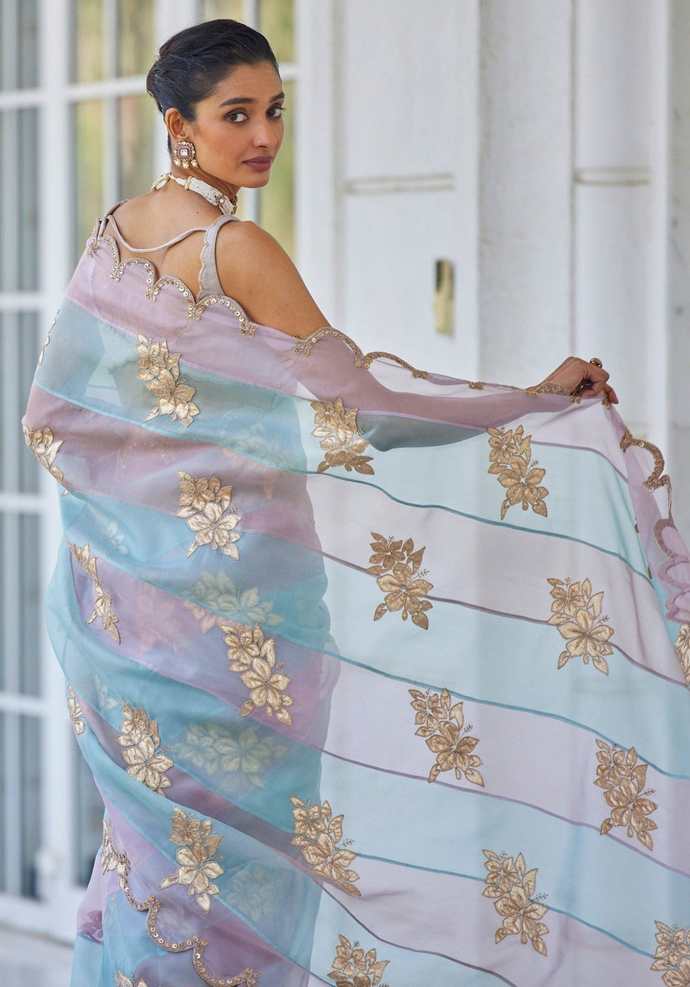 Blue and Pink and Rose Gold Applique Organza Saree Vvani by Vani Vats - Fabilicious Fashion