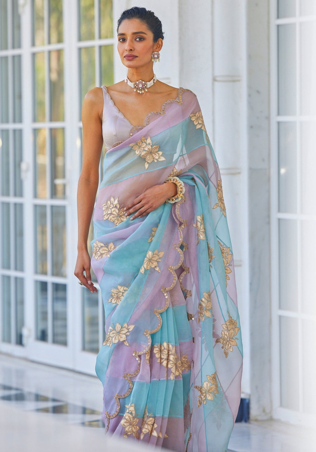 Blue and Pink and Rose Gold Applique Organza Saree Vvani by Vani Vats - Fabilicious Fashion