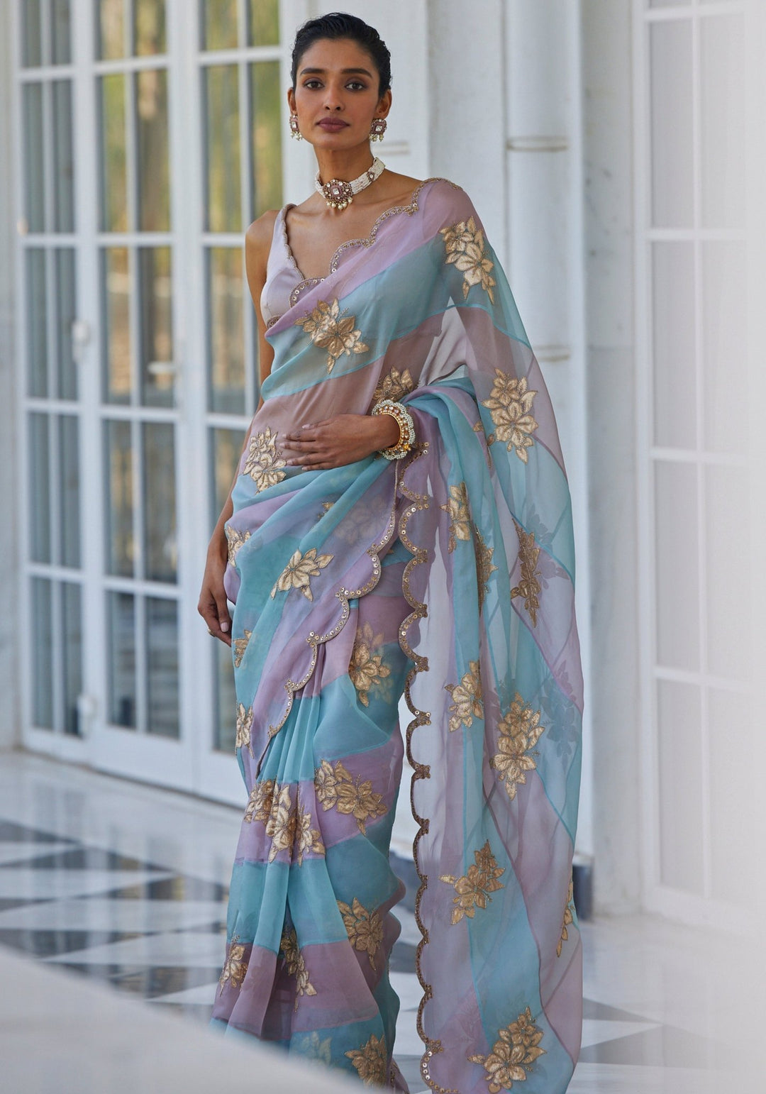 Blue and Pink and Rose Gold Applique Organza Saree Vvani by Vani Vats - Fabilicious Fashion