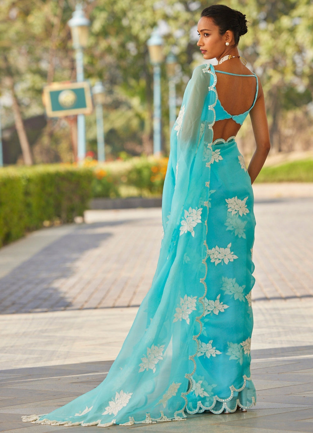 Blue Applique Organza Saree Vvani by Vani Vats - Fabilicious Fashion