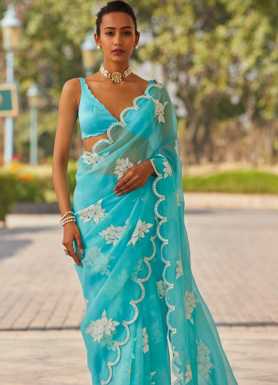 Blue Applique Organza Saree Vvani by Vani Vats - Fabilicious Fashion