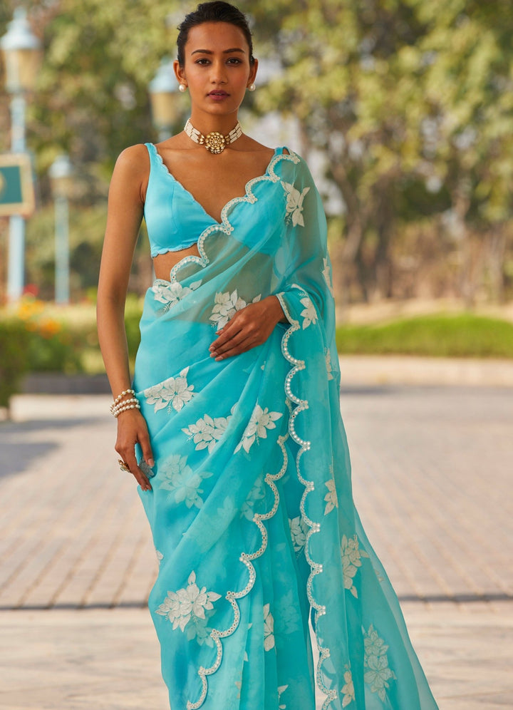 Blue Applique Organza Saree Vvani by Vani Vats - Fabilicious Fashion