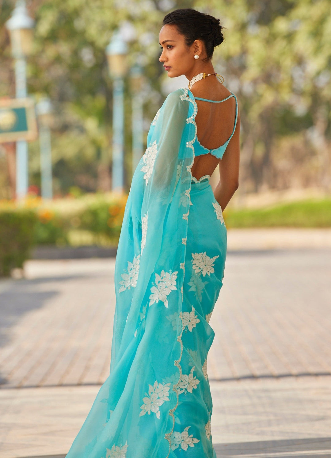 Blue Applique Organza Saree Vvani by Vani Vats - Fabilicious Fashion