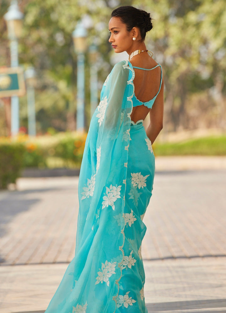 Blue Applique Organza Saree Vvani by Vani Vats - Fabilicious Fashion